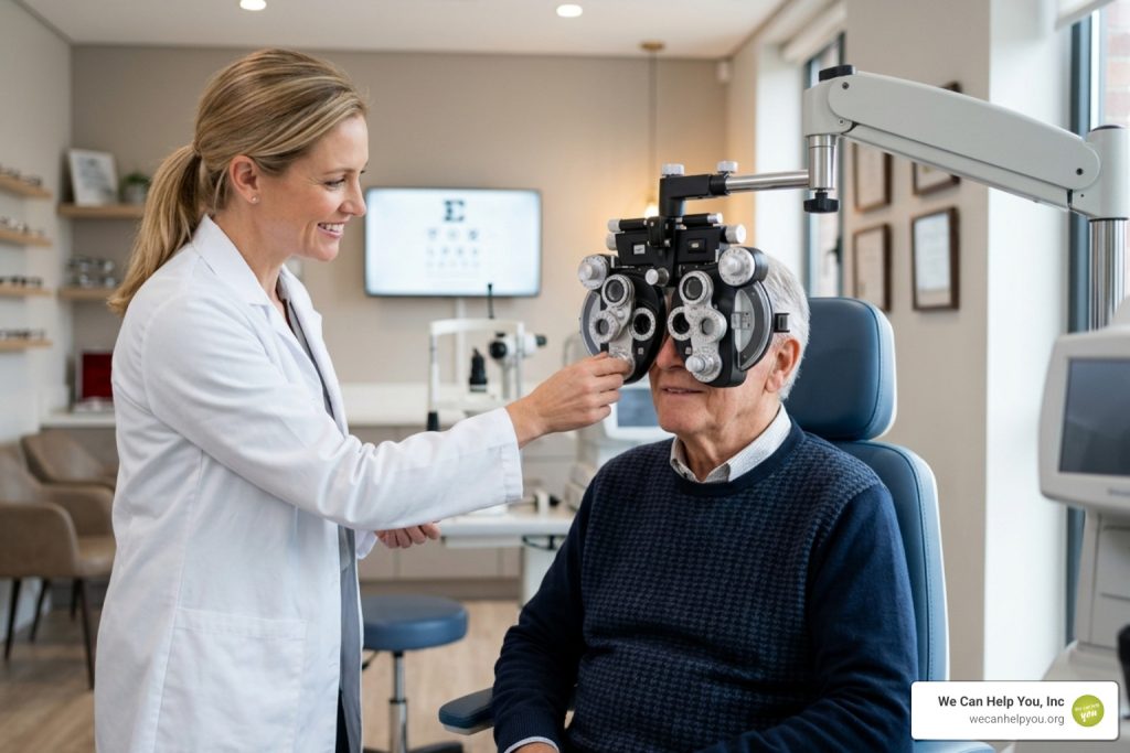 Medicare eye exams senior patient at optometrist clinic - Medicare eye exams