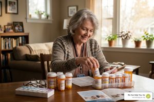 Medicare senior reviewing prescription bottles at home - Help with Medicare donut hole