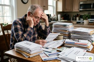 senior citizen overwhelmed by stacks of Medicare mailers - should i use an insurance broker for medicare