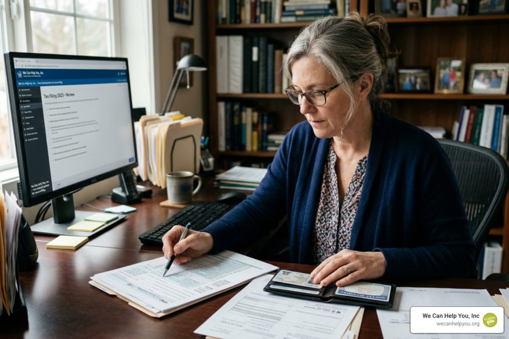 A person searching through tax documents and personal records to verify their identity