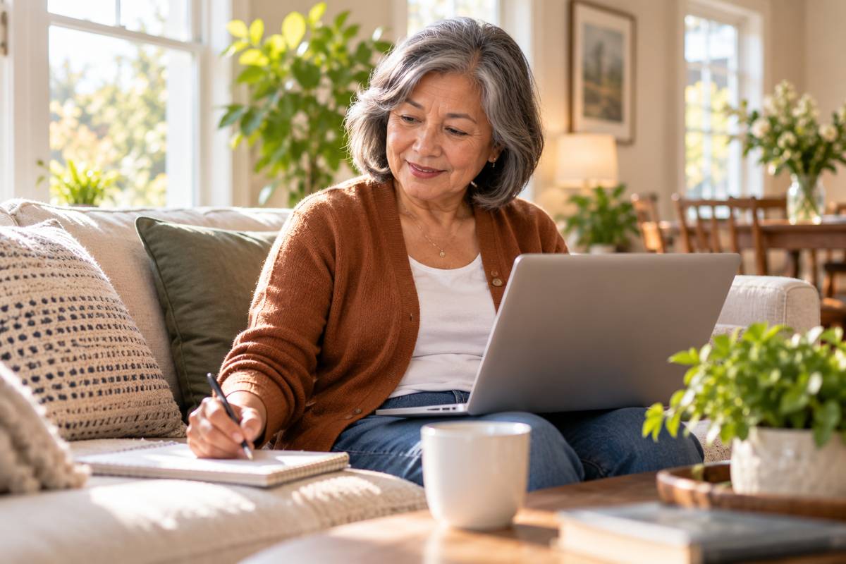 Woman comparing 2027 Medicare plans online and writing a checklist