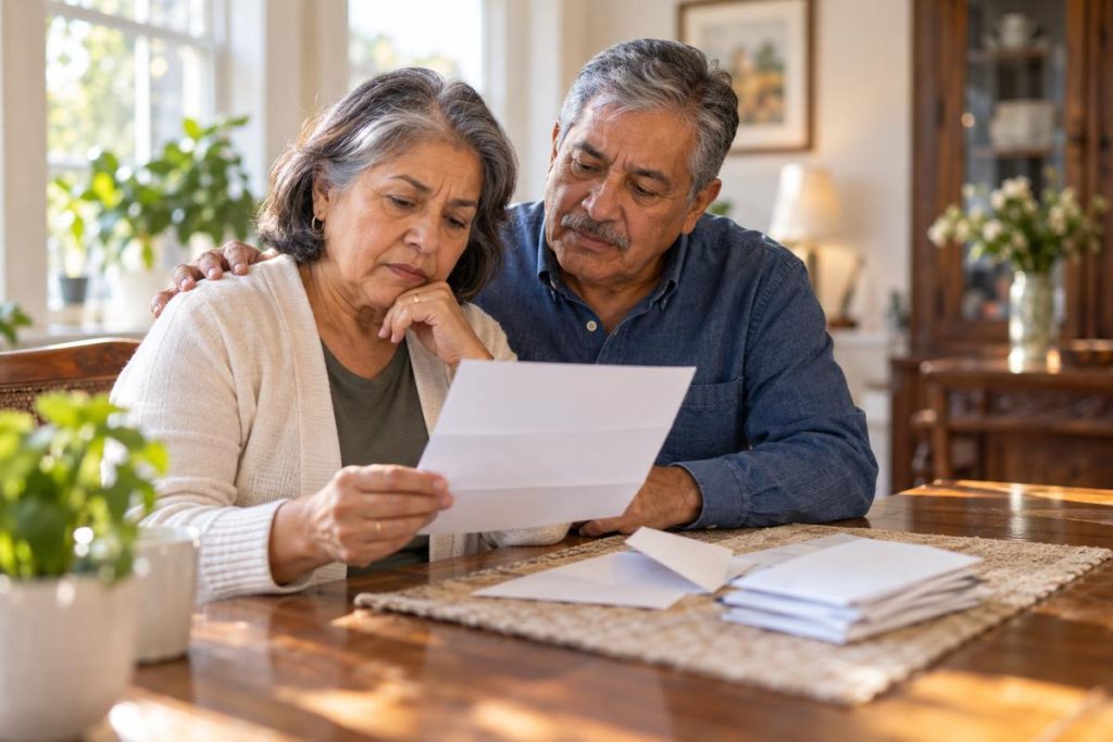 Older couple reading a Medicare Advantage plan non-renewal letter for 2027