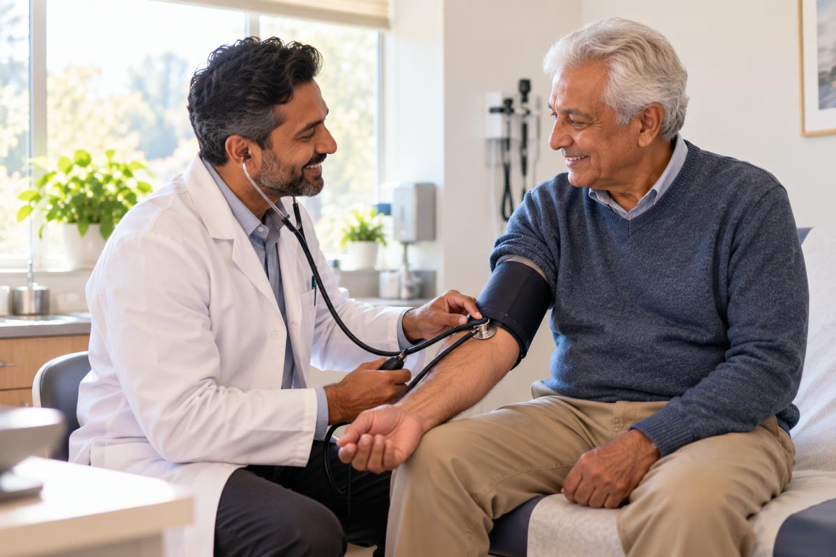Doctor checking a Medicare patient’s blood pressure during an outpatient visit covered by Part B