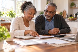 Retired couple planning their monthly budget for the 2027 Medicare Part B premium