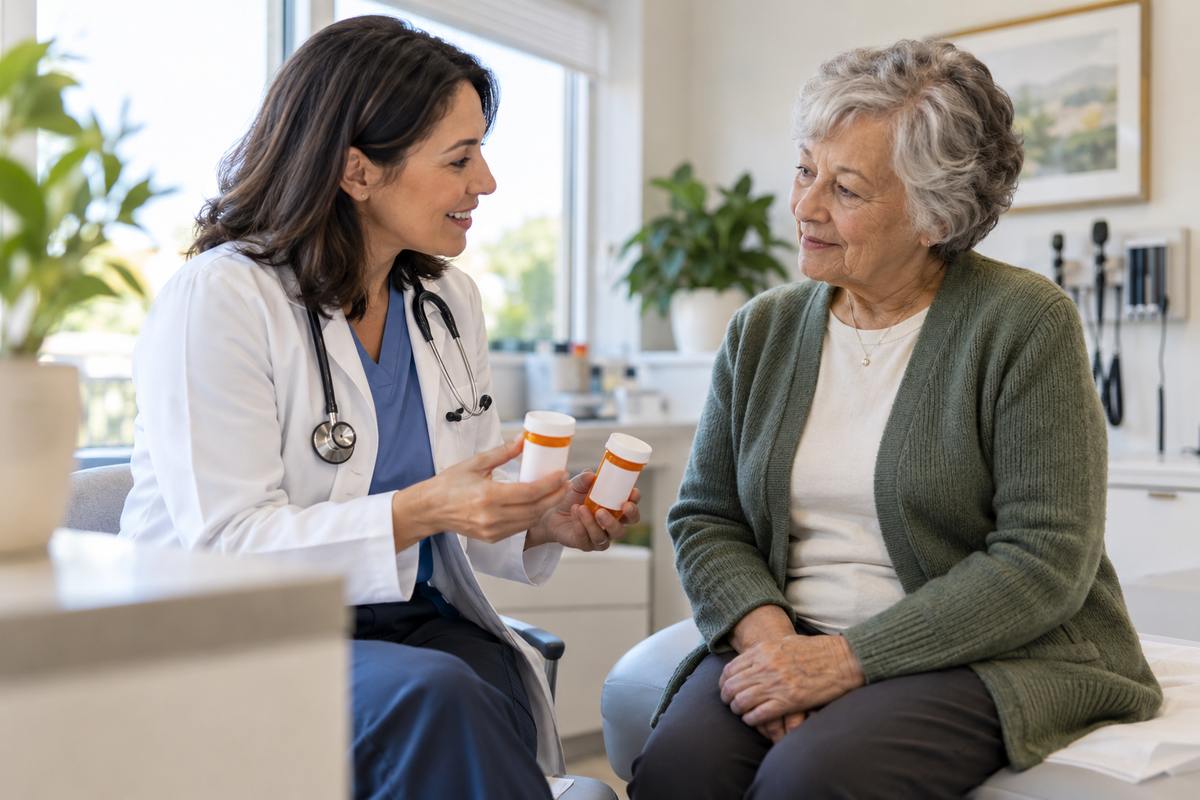 Doctor reviewing prescription medications with an older patient